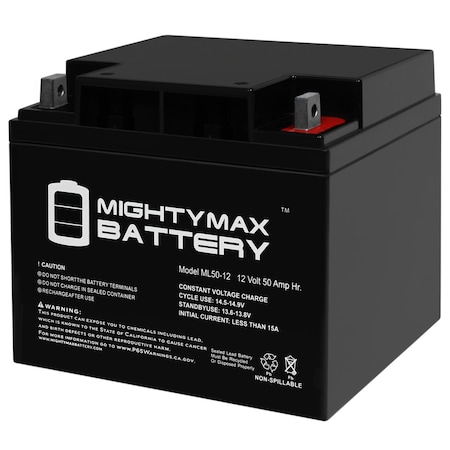 Mighty Max Battery Sealed Lead Acid Battery, 12 V, 50 AH, Nut and Bolt Terminal, SLA, AGM Chemistry ML50-126816